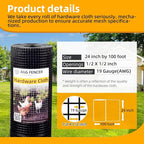 24in x 100ft Black Hardware Cloth 1/2 inch 19Ga PVC Coated Wire Mesh Vinyl Coated Fence, Welded Metal Chicken Wire Fencing Roll, Garden Plant Fencing, for Chicken Coop and Home Improvement