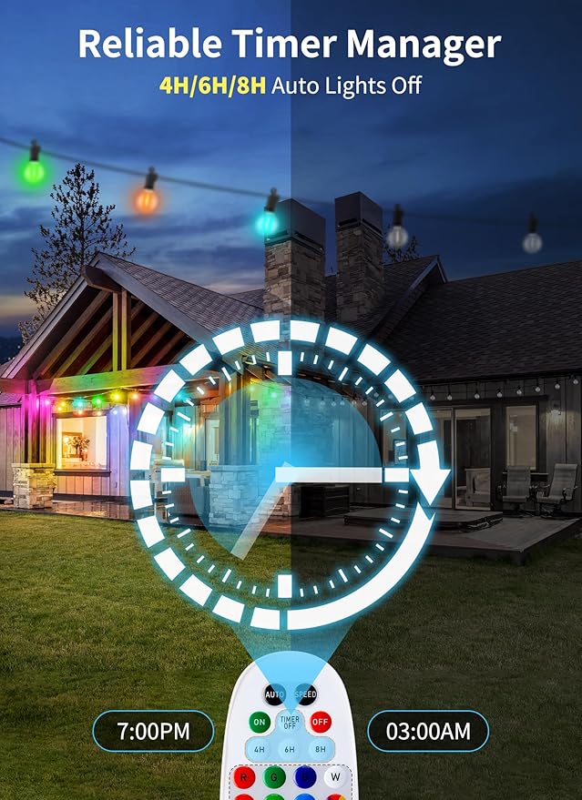 Brightown Outdoor String Lights 58 Feet G40 LED Patio Lights, 27 Plastic Multicolor Bulbs(2 Spare), Remote, Timer, Waterproof Connectable Hanging Light for Porch Balcony Party Decor, E12 Base, RGBW