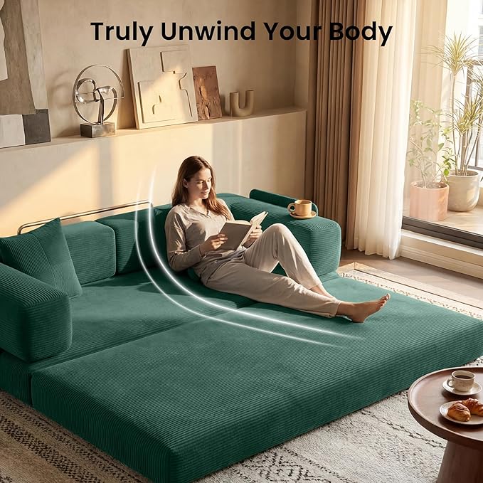 78.8" Convertible Sofa Bed,Corduroy Futon Couch with Storage Pocket,Folding Pull Out Futon Sofa,No Assembly Boneless Couch for Living Room, Emerald Green | Convertible Sofa Bed, Boneless Couch, sofa for living room, sleeper sofa, modular sofa