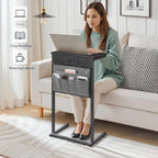 HOOBRO C Shaped End Table with Charging Station, 28" Tall Couch Table for Couch and Recliner for Small Spaces, Slide Under Sofa Table TV Tray with Storage Bag for Living Room, Black BB70USF01