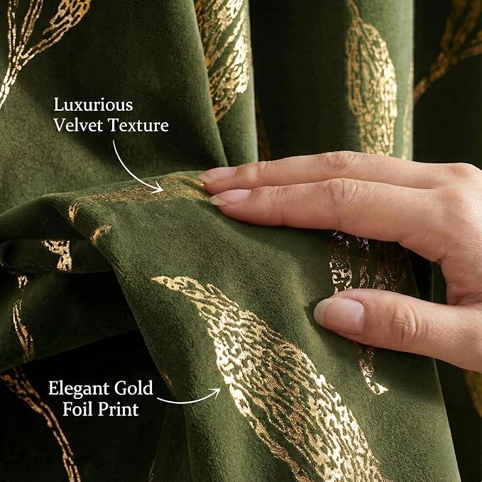 NICETOWN Leaf Patterned Green Velvet Curtains 96 inches Long 2 Panels Gold Foil Printed - Room Darkening Drapes for Living Room, Thermal Insulated Soft Luxury Home Decor for Bedroom, W50 x L96