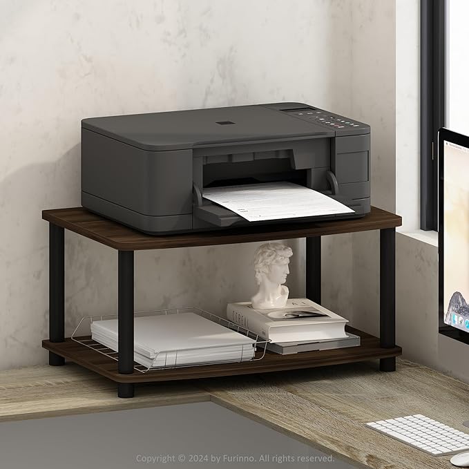 Furinno Turn-N-Tube Printer Stand with Storage, 2-Tier Printer Table, Under Desk Printer Stand, Toolless Assembly, for CPU, Office Supplies, Home Office, Columbia Walnut