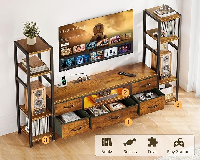 Casaottima TV Stands for 40/43/50 Inch TV, Entertainment Center with LED Lights & Power Outlets, TV Stand for Living Room with 5 Fabric Drawers, TV Console Cabinet, Rustic Brown