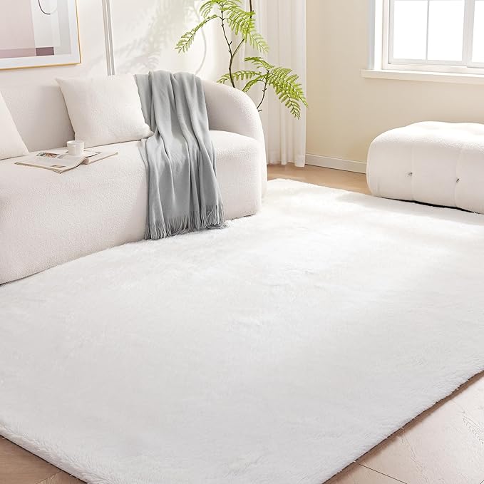 Amazon Basics Fluffy Washable Area Rug, Shaggy Carpet for Living Room, Bedroom, 6' W × 9' L, Cream