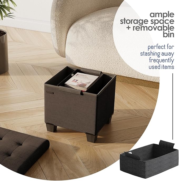 Storage Ottoman Cube with Small Bin, 15-in Square Ottoman with Storage for Living Room and Bedroom, Small Ottomans Foot Rest, Fabric Foot Stools Ottomans Max 330lbs, Brown