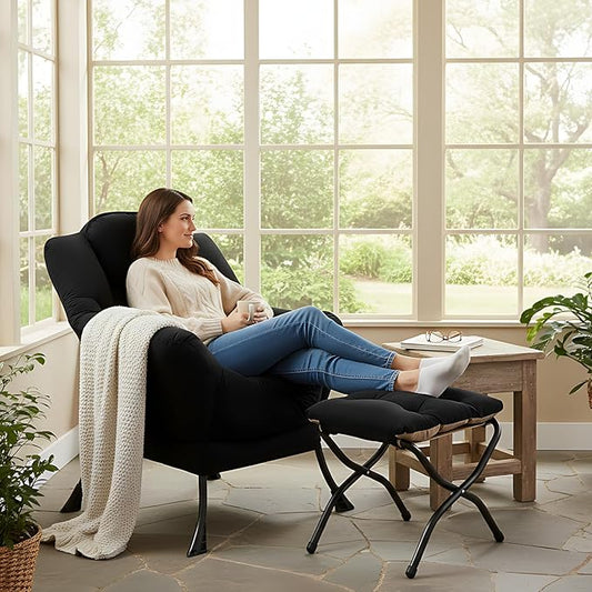 Welnow Lazy Chair with Ottoman, Modern Accent Chair with Armrests and a Side Pocket, Leisure Sofa Armchair Set, Reading Armchair with Footrest for Small Space, Black
