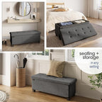 Storage Ottoman Bench with Bins, 43-in Storage Bench for Bedroom End of Bed, Folding Foot Rest Ottoman for Living Room Max 660lbs, Velvet Ottomans, Grey