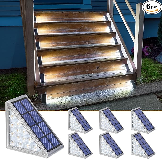 NIORSUN Solar Step Lights,6 Pack Cool White Solar Stair Lights Outdoor Waterproof IP67 Auto On Off,Solar Lights for Steps,Stair,Patio,Yard,Porch,Front Door,Sidewalk,Deck Decor