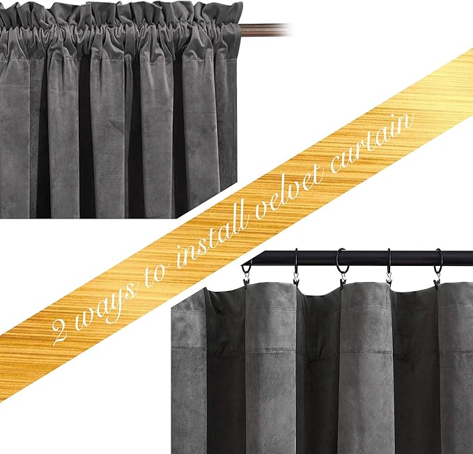 NICETOWN Living Room Grey Velvet Curtains, Sound and Sunlight Reducing Heavy Matt Rod Pocket Drapes/Panels for High Celling Wall (2 Panel Per Pack, 90 inches Long)
