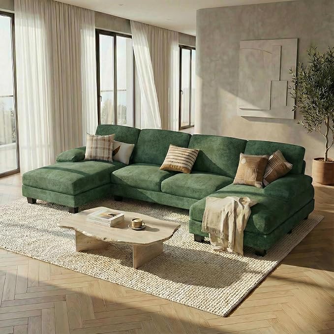 Homall Sectional U Shaped Sofa Couches for Living Room, Comfy Chenille 4 Seat Sofa Set with Removable Pillows, Lounge Chaise Upholstered Couch for for Apartment (Chenille, Green)