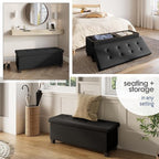 Storage Ottoman Bench with Bins, 43-in Storage Bench for Bedroom End of Bed, Folding Foot Rest Ottoman for Living Room Max 660lbs, Faux Leather Ottomans, Black
