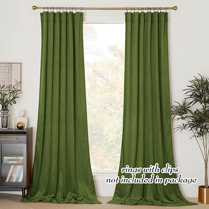 NICETOWN Moss Green Velvet Curtains and Drapes, Thermal Insulated Soft Window Treatments for Bedroom Living Room, Room Darkening Drapes, 52" x 84", 2 Panels