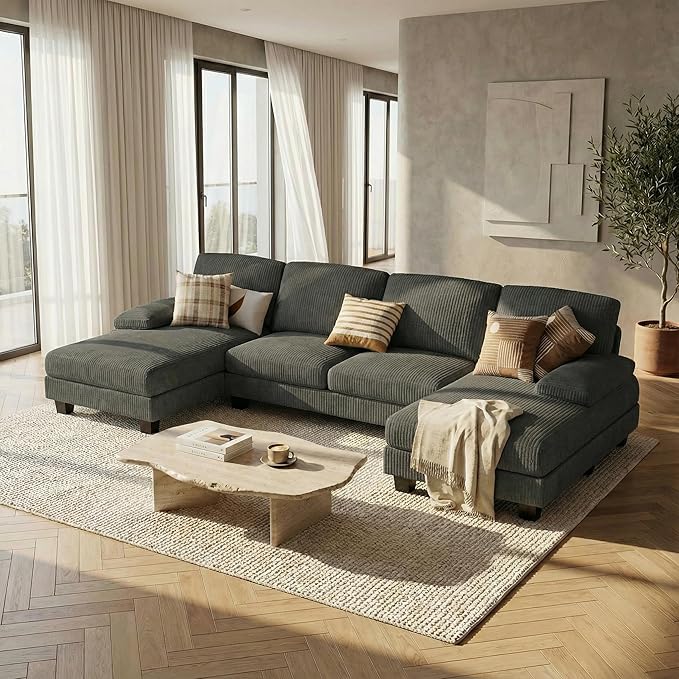 Homall Sectional U Shaped Sofa Couches for Living Room, Comfy Corduroy 4 Seat Sofa Set with Removable Pillows, Lounge Chaise Upholstered Couch for for Apartment (Corduroy, Dark Grey)