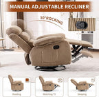 Velvet Upholstered Glider Recliner Chair – 360° Swivel Rocker Chair for Adults, Small Rocking Chair for Small Spaces, Soft Fabric Recliner Chair with Side Pockets, Comfortable Nursery Chair,Brwon