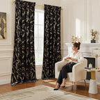 NICETOWN Black Velvet Curtains 2 Panels with Gold Foil Leaf Print – Modern Glam Black and Gold Drapes for Living Room, Luxury Room Darkening Window Treatments for Bedroom & Gothic Decor (50W x 84L)