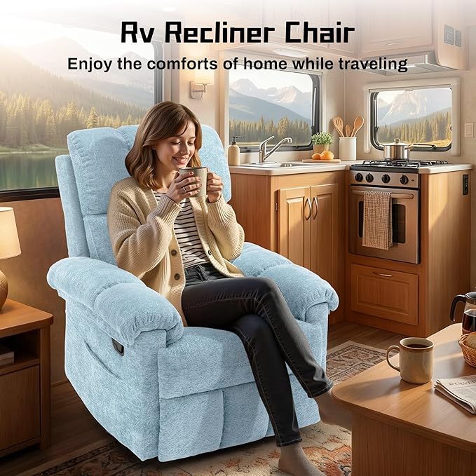 Recliner Chair, Swivel Rocker Recliner Chair for Adults, Small Recliners for Small Spaces, Manual Recliner with Side Pockets, Upholstered Nursery Rocking Chair for Living Room, Chenille, Blue