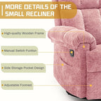 Recliner Chair, Swivel Rocker Recliner Chair for Adults, Small Recliners for Small Spaces, Manual Recliner Chair with Side Pockets, Nursery Rocking Chair for Living Room, Chenille, Rose Pink