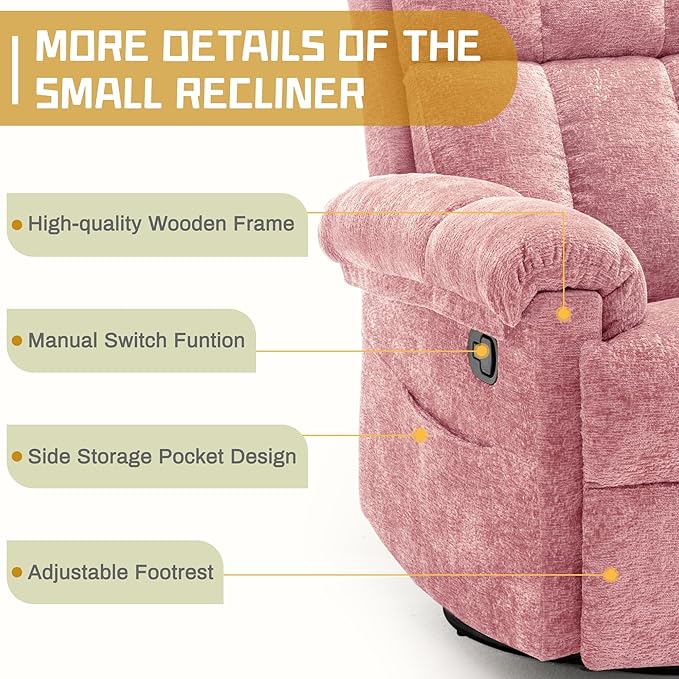 Recliner Chair, Swivel Rocker Recliner Chair for Adults, Small Recliners for Small Spaces, Manual Recliner Chair with Side Pockets, Nursery Rocking Chair for Living Room, Chenille, Rose Pink
