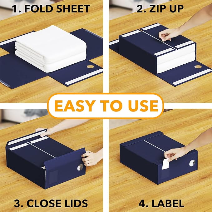 SpaceAid 4 Pack Bed Sheet Organizers and Storage, Foldable Sheet Organizer for Linen Closet, Sheets Set Folder Keeper with Window XL (Queen & King Size) Bedding Container (Navy Blue, 4 Pack)