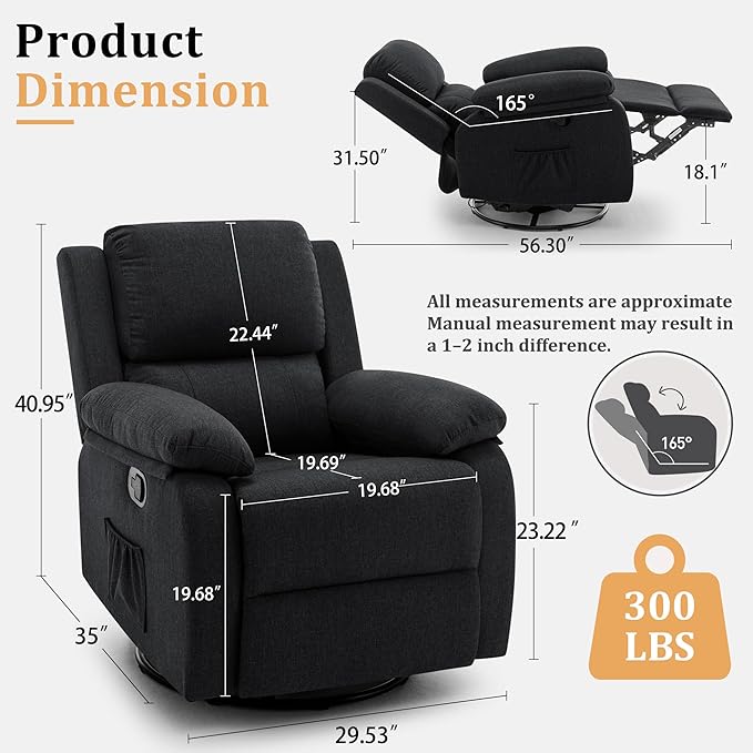 Recliner Chair, 360 Swivel Rocker Chair for Adults, Small Rocking Recliner for Small Spaces, Upholstered Fabric Glider Recliner Nursery