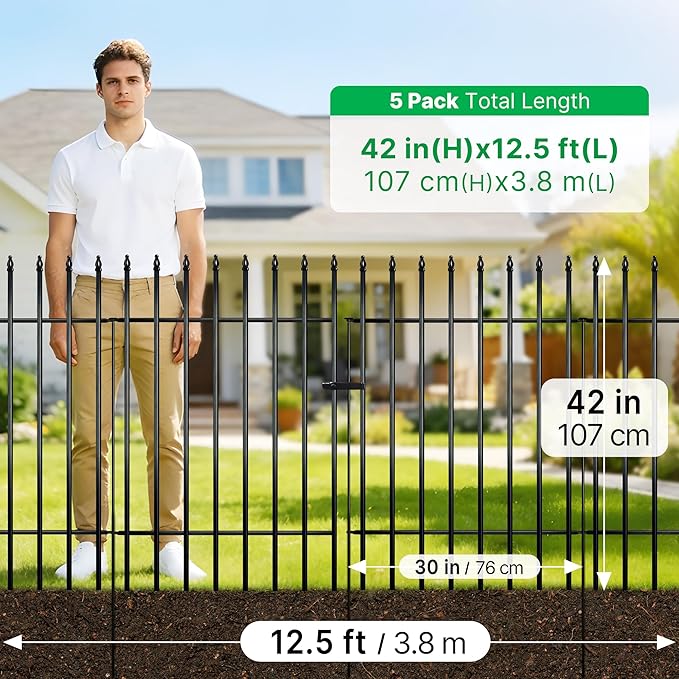 Metal Garden Fence 42" H x 30" W, 5 Panels (4 Panels + 1 Gate), Total 12.5 feet, Metal Border Folding Fence, Landscape Fencing Dog Fence Pet Fence for Flower Bed, Yard, Animal Barrier