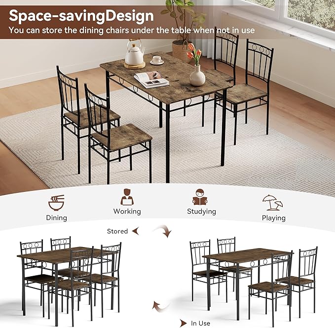 Vipbear 5-Piece Kitchen Table Set,Kitchen Dining Table Set for 4, Dining Room Table Sets with 4 Chairs,Rectangular Kitchen Table Set for Small Space, Dinette,Apartment, Classic Brown