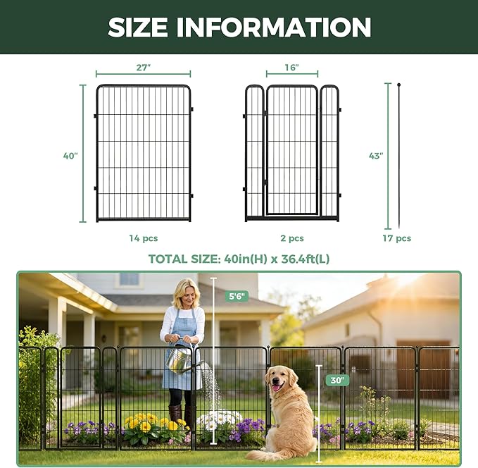 FXW Garden Fence Outdoor for The Yard – 40in(H) x 36.4ft(L) Heavy Duty Metal Animal Barrier for Dog and Rabbit, Decorative Dog Fence, 16 Panels, Black