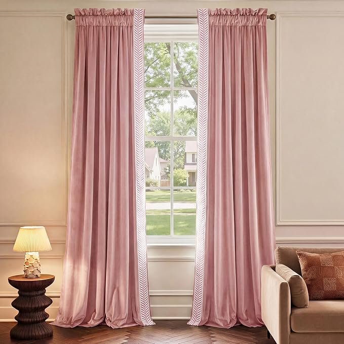 NICETOWN Rod Pocket Embroidered Trim Velvet Curtains, 2 Panels, Blush Pink, 96 Inch Long Velvet Blackout Curtains Luxury Elegant Soft Drapes, Winter Thermal Window Treatments Classical Home Decor