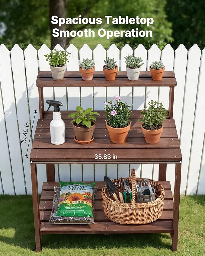 VEVOR Potting Bench Table, Outdoor Gardening Workstation with 36 x 20 in Wood Tabletop, Garden Planting Work Station with Storage Shelves, Hook for Outside Patio, Backyard, Brown
