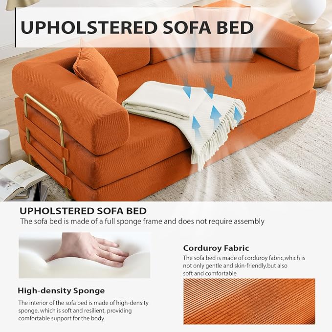 4-in-1 Folding Convertible Sofa Bed, 78 Inch Boneless Couch with Fixed-Shape Frame, Corduroy Loveseat Sleeper with Pull Out Bed, Floor Sofa Modular Futon Couch for Living Room Bedroom Lounge (Orange)