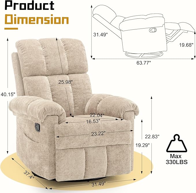 Recliner Chair, Swivel Rocker Recliner Chair for Adults, Small Recliners for Small Spaces, Manual Recliner with Side Pockets, Upholstered Nursery Rocking Chair for Living Room, Chenille, Khaki