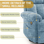 Recliner Chair, Swivel Rocker Recliner Chair for Adults, Small Recliners for Small Spaces, Manual Recliner Chair with Side Pockets, Nursery Rocking Chair for Living Room, Chenille, Airy Blue