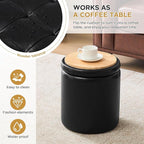 Round Ottoman with Storage Set of 2, 12.6" W x 14.17" H & 14.76" W x 17.32" H Faux Leather Storage Ottoman for Living Room Bedroom, Small Coffee Table Padded Ottoman, Black