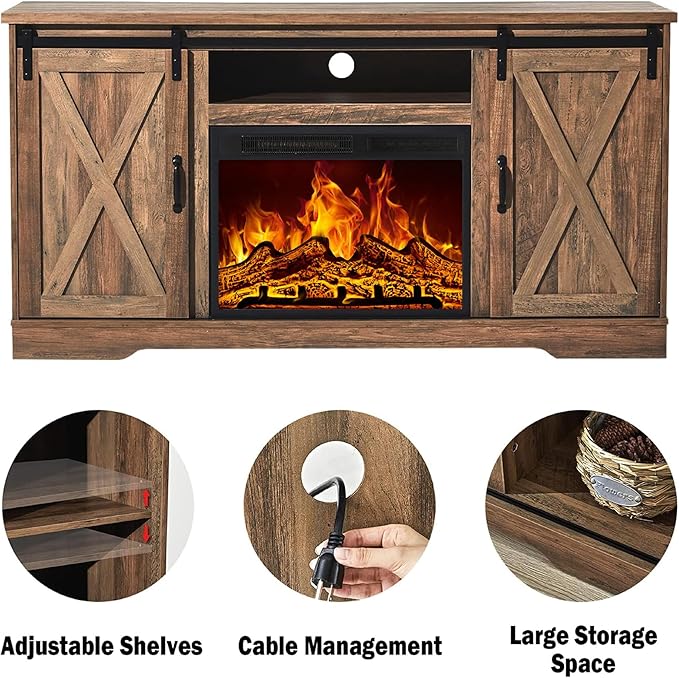AMERLIFE Fireplace TV Stand with Sliding Barn Door for TVs up to 65", Farmhouse 59" Fireplace Entertainment Center with Storage Cabinets/Adjustable Shelves, Barnwood