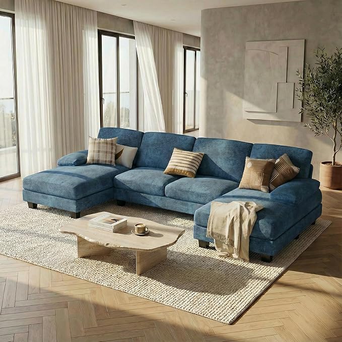 Homall Sectional U Shaped Sofa Couches for Living Room, Comfy Chenille 4 Seat Sofa Set with Removable Pillows, Lounge Chaise Upholstered Couch for for Apartment (Chenille, Light Blue)