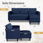 JAMFLY 3-Seat Convertible L-Shaped Sectional Sofa with Reversible Ottoman, Upholstered Fabric Couch for Small Living Rooms, Modern Modular Couch for Apartment, Studio & Loft, Blue