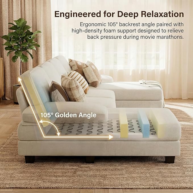 Homall Sectional U Shaped Sofa Couches for Living Room, Comfy Chenille 4 Seat Sofa Set with Removable Pillows, Lounge Chaise Upholstered Couch for for Apartment (Chenille, White)