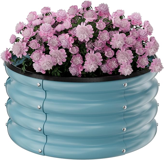 Round Galvanized Raised Garden Bed Kit, 2 x 2 x 1ft Teal Blue Galvanized Garden Boxes, Outdoor for Vegetables