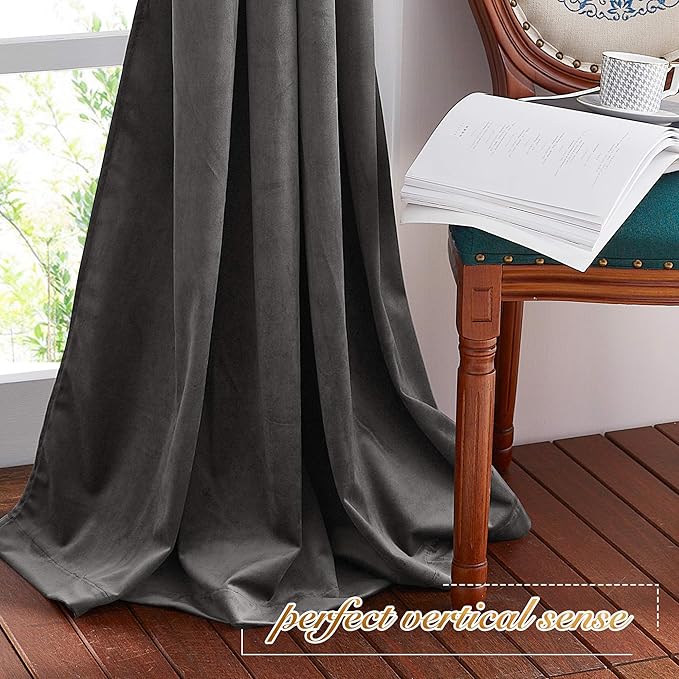 NICETOWN Living Room Grey Velvet Curtains, Sound and Sunlight Reducing Heavy Matt Rod Pocket Drapes/Panels for High Celling Wall (2 Panel Per Pack, 90 inches Long)