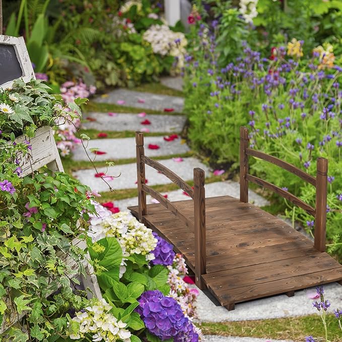 VINGLI 4 ft Garden Bridge, Arch Walkway Wooden Bridge with Safety Rails Carbonized Finished, Decorative Landscaping Footbridge for Koi Pond, Dry Creek Bed, Garden Pathway or Rustic Wedding Decor