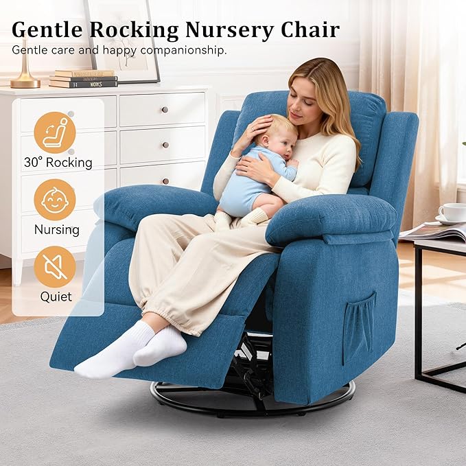 Recliner Chair, 360 Swivel Rocker Chair for Adults, Small Rocking Recliner for Small Spaces, Upholstered Fabric Glider Recliner Nursery