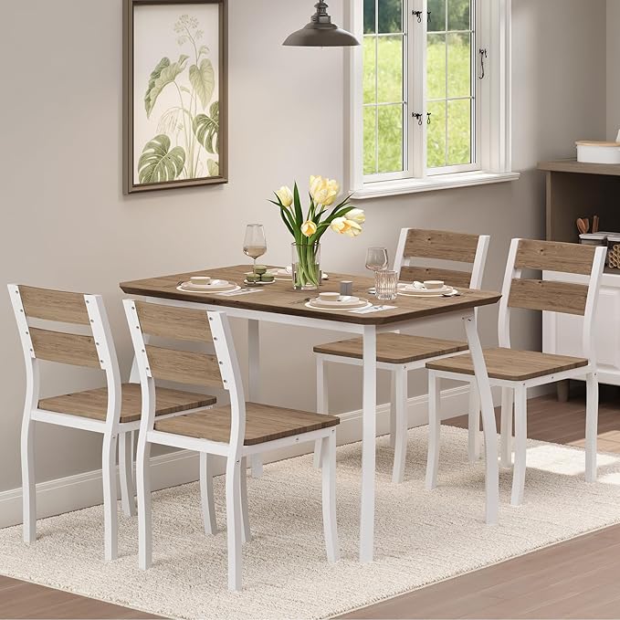 IDEALHOUSE Dining Table Set for 4 Modern Kitchen Table and Chairs Set with Chamfered Edges Cushioned Seats Space-Saving Metal Frame for Dining Room Apartment Small Spaces, White & Wood Grain Color