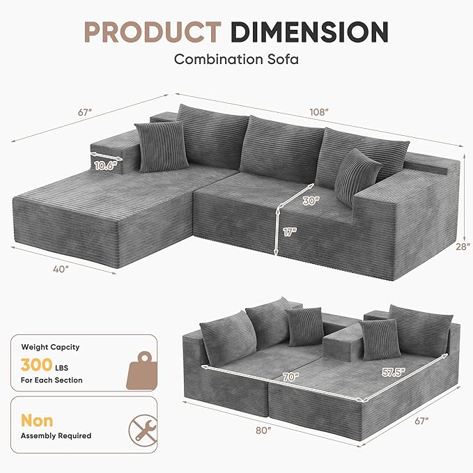 Homall 108" Modular Sectional Sofa, Boneless Couch with L-Shape Chaise, Cloud Couch with Deep Seat Upholstered, No Assembly Required for Living Room, Bedroom (Corduroy, Grey)