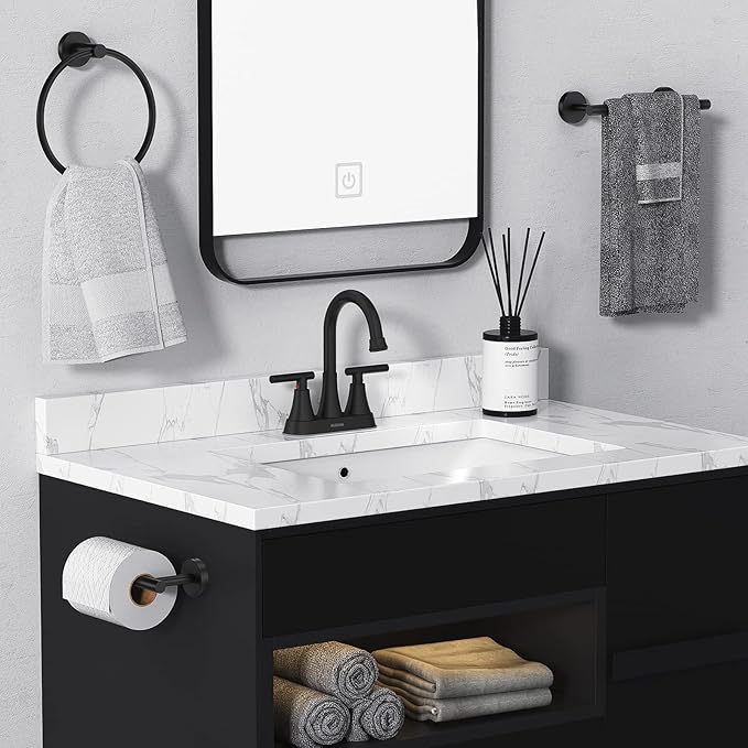 Bathroom Faucets for Sink 3 Hole, Hurran 4 inch Matte Black with Pop-up Drain and 2 Supply Hoses, Stainless Steel Lead-Free 2-Handle Centerset Faucet for Sink Vanity