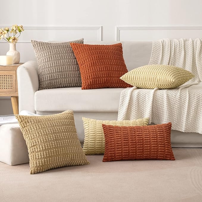MIULEE Pack of 2 Corduroy Decorative Lumbar Throw Pillow Covers 24x14 Inch Soft Boho Striped Pillow Covers Modern Farmhouse Home Decor for Sofa Living Room Couch Bed Light Brown