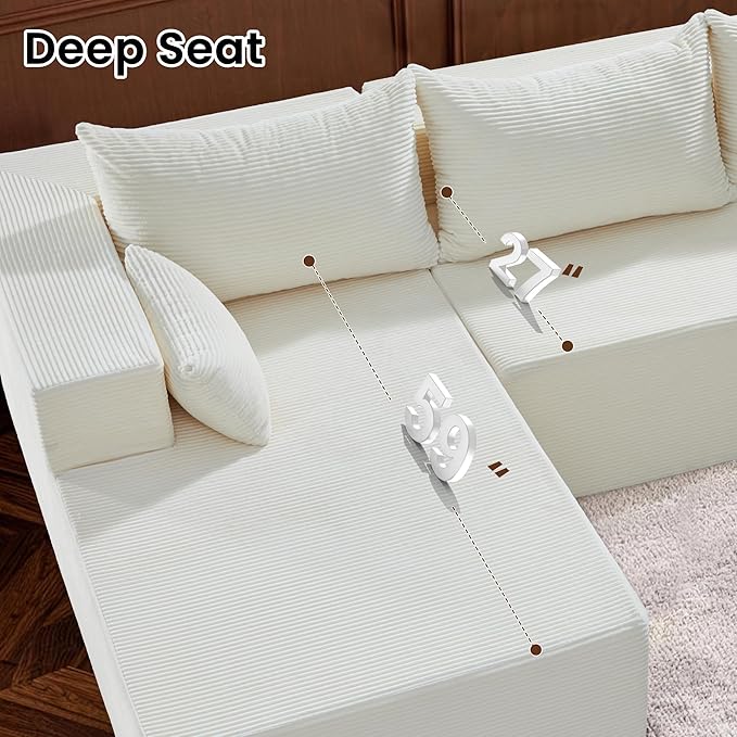 106" Cloud Sectional Boneless Couches for Living Room, Modular L Shaped Couch with Deep Seat Oversized Right Facing Chaise, Memory Foam Compressed Spineless 3 Seater Sofa for Apartment, Beige