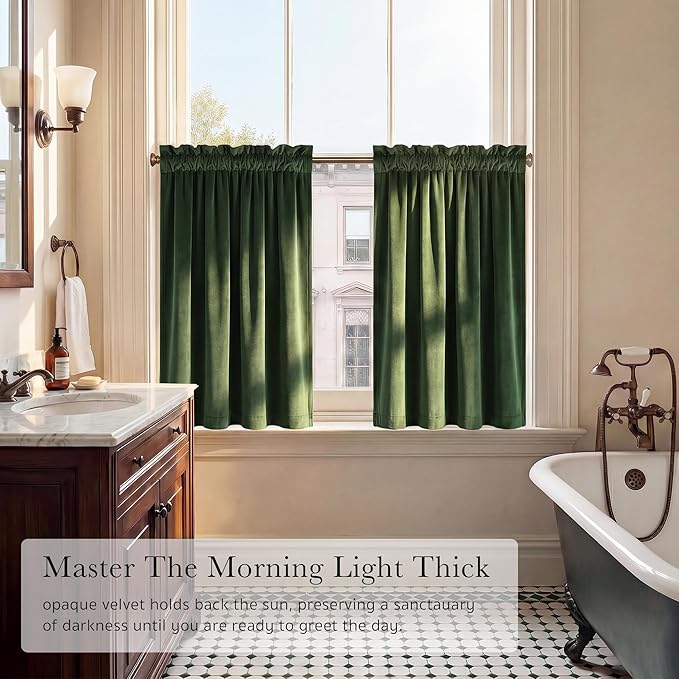 NICETOWN Olive Green Velvet Valance Curtains for Windows 36 inch Length, Kitchen Window Treatment Room Darkening, W52 x L36, 2 Panel