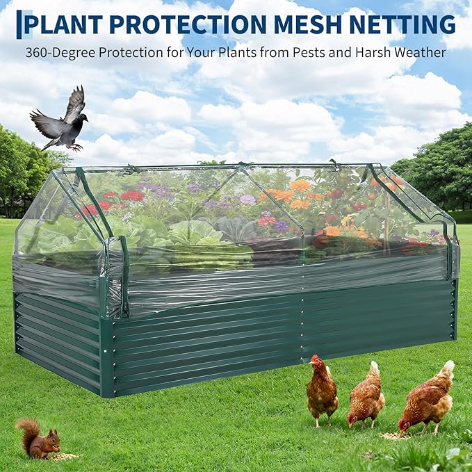 Garvee Galvanized Raised Garden Bed Large Rectangular Kit with Cover Zippered Screen Doors, Open Base Design, Thick Steel, Easy Assembly, Planter Box for Vegetables, Flowers (Dark Green, 8x4x2 ft)