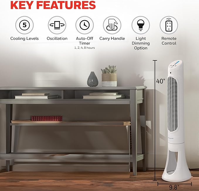 Honeywell QuietSet Whole Room Oscillating Tower filter Fan with Remote, White, HYF260