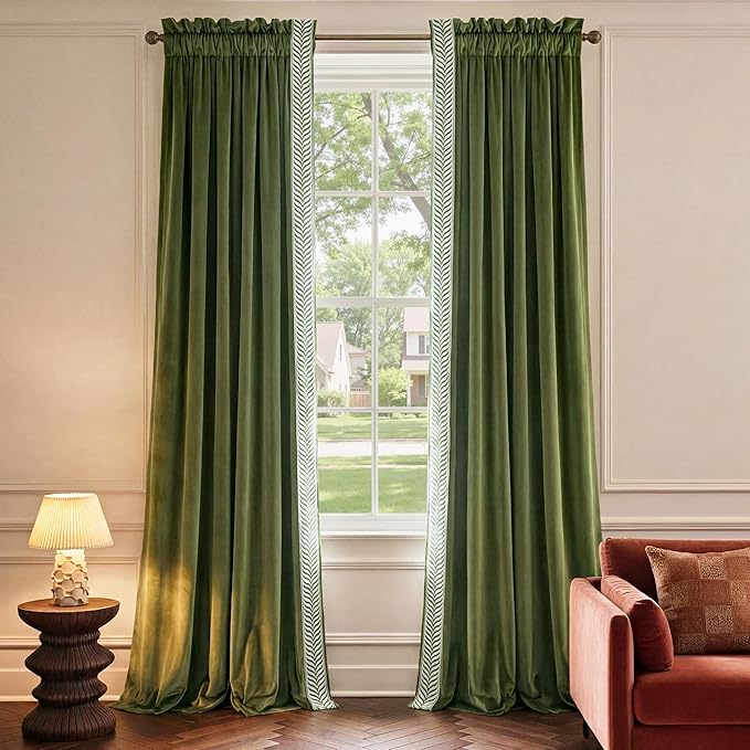 NICETOWN Rod Pocket Embroidered Trim Velvet Curtains, 2 Panels, Olive Green, 52" Wide, Thick Heavy Thermal Insulated Window Drapes 84 Inch Long for Bedroom/Living Room, Elegant Home Decor